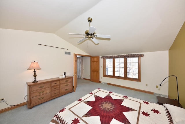 carpeted bedroom featuring vaulted ceiling and ceiling fan