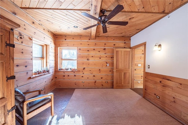 15035W Goss Rd, Hayward, WI 54843 - sitting room featuring wooden walls, wooden ceiling, ceiling fan, and carpet flooring