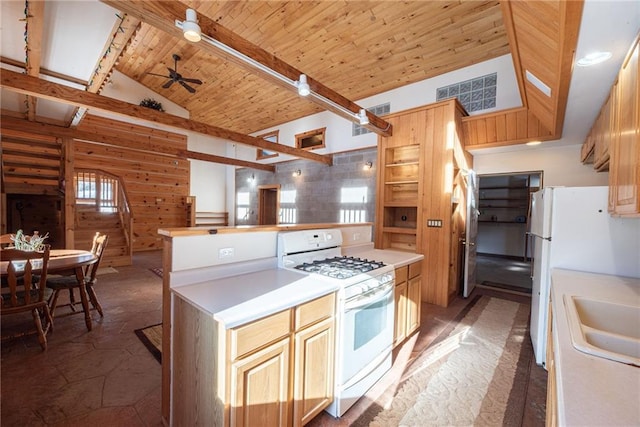 15035W Goss Rd, Hayward, WI 54843 - kitchen featuring light brown cabinetry, vaulted ceiling with beams, wood ceiling, a center island, and white appliances