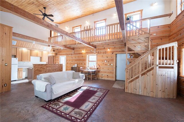 15035W Goss Rd, Hayward, WI 54843 - unfurnished living room featuring wood ceiling, a towering ceiling, ceiling fan, and wood walls