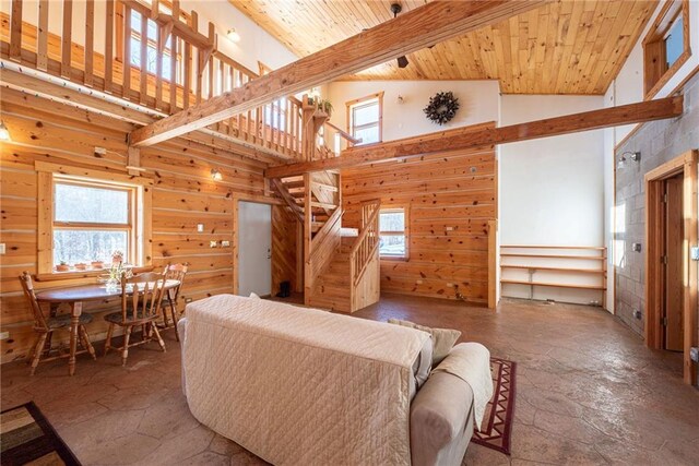 15035W Goss Rd, Hayward, WI 54843 - living room with beam ceiling, wooden walls, wooden ceiling, and high vaulted ceiling