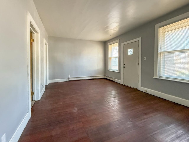 entryway with dark wood-type flooring and a baseboard radiator