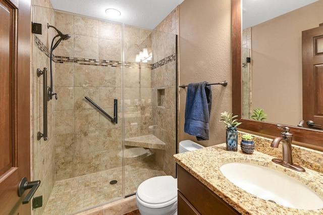 bathroom featuring vanity, toilet, and a shower with door