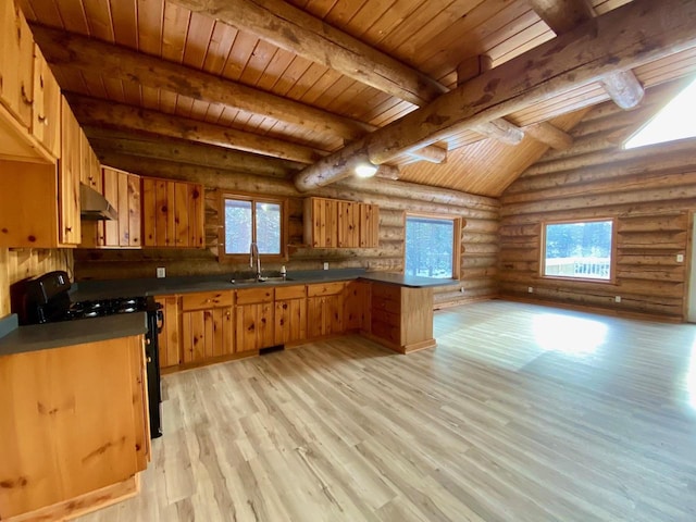 kitchen featuring black range with gas cooktop, sink, plenty of natural light, and wooden ceiling