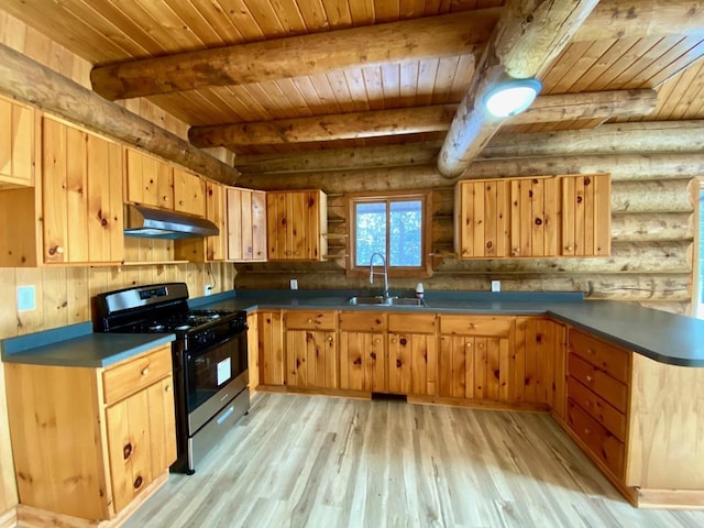 kitchen featuring sink, wood ceiling, light hardwood / wood-style floors, gas range, and beamed ceiling