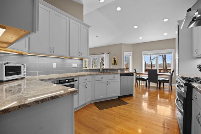 kitchen featuring sink, appliances with stainless steel finishes, light hardwood / wood-style floors, decorative backsplash, and exhaust hood