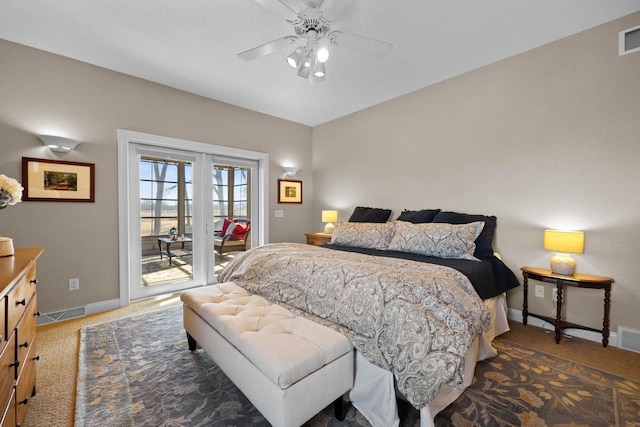 carpeted bedroom with french doors, ceiling fan, and access to exterior