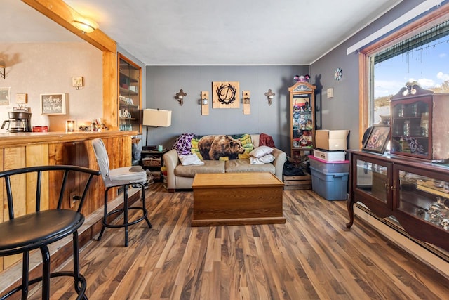 living room with dark hardwood / wood-style flooring