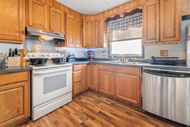 kitchen with sink, white electric range, dark hardwood / wood-style floors, and dishwasher