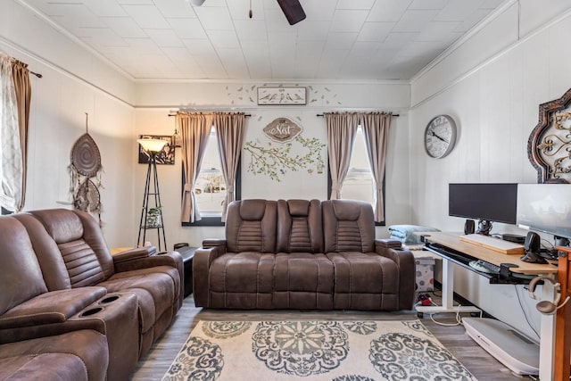 429 W Juneau St, Tomah, WI 54660 - living room with hardwood / wood-style floors, ornamental molding, and ceiling fan