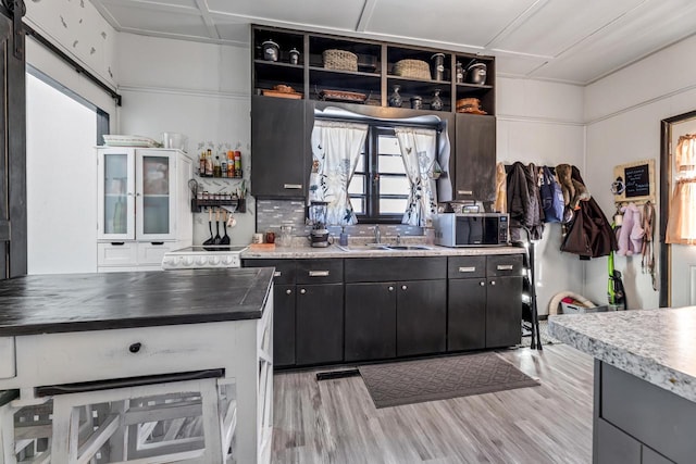 429 W Juneau St, Tomah, WI 54660 - kitchen featuring tasteful backsplash, sink, and light hardwood / wood-style flooring