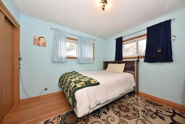 bedroom featuring a closet, wood-type flooring, and multiple windows