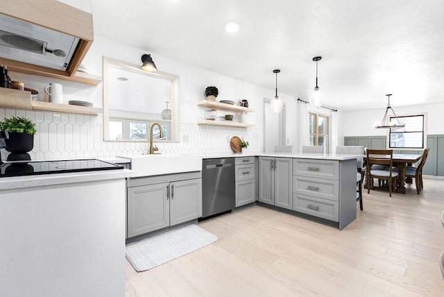 kitchen featuring pendant lighting, sink, gray cabinetry, stainless steel dishwasher, and kitchen peninsula