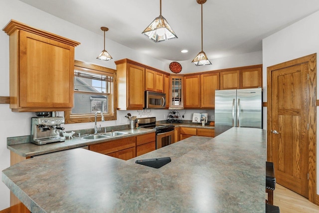 kitchen featuring light hardwood / wood-style floors, sink, stainless steel appliances, and hanging light fixtures