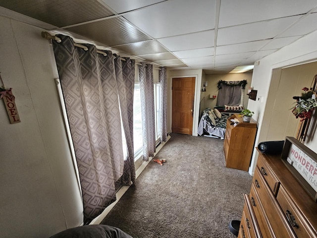 hall featuring carpet and a drop ceiling