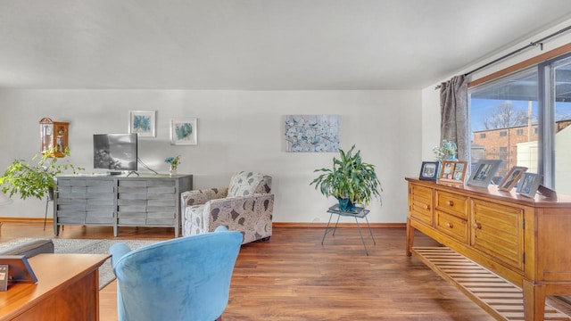 living area with hardwood / wood-style flooring