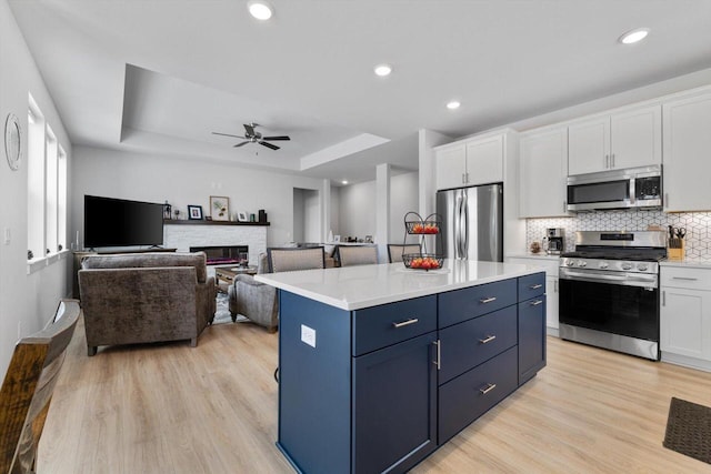 kitchen featuring appliances with stainless steel finishes, a center island, white cabinets, a raised ceiling, and blue cabinets