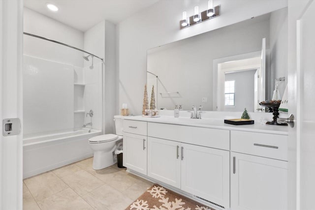 full bathroom featuring tile patterned flooring, tub / shower combination, vanity, and toilet