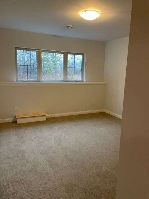 unfurnished room with carpet and a baseboard heating unit