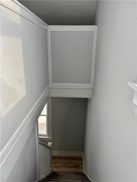 staircase with radiator heating unit and hardwood / wood-style floors