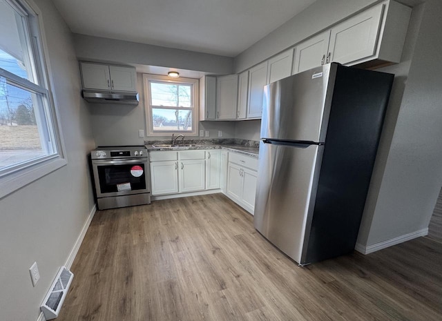 kitchen with appliances with stainless steel finishes, sink, white cabinets, and light wood-type flooring