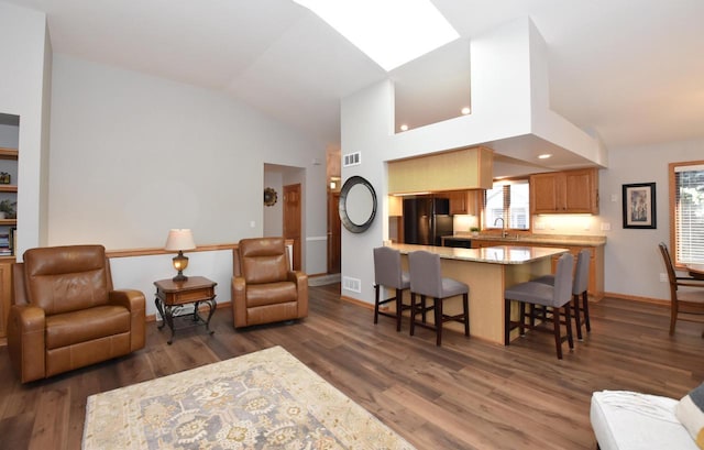 living room featuring sink, high vaulted ceiling, and dark hardwood / wood-style floors