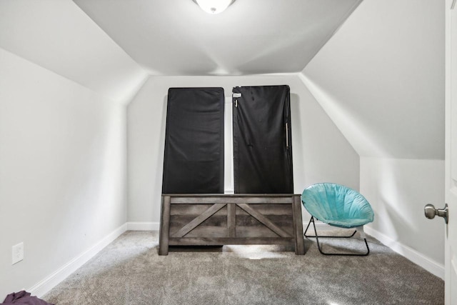 unfurnished room featuring lofted ceiling and carpet floors