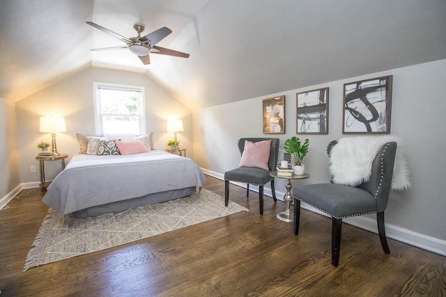 bedroom featuring hardwood / wood-style flooring, vaulted ceiling, and ceiling fan