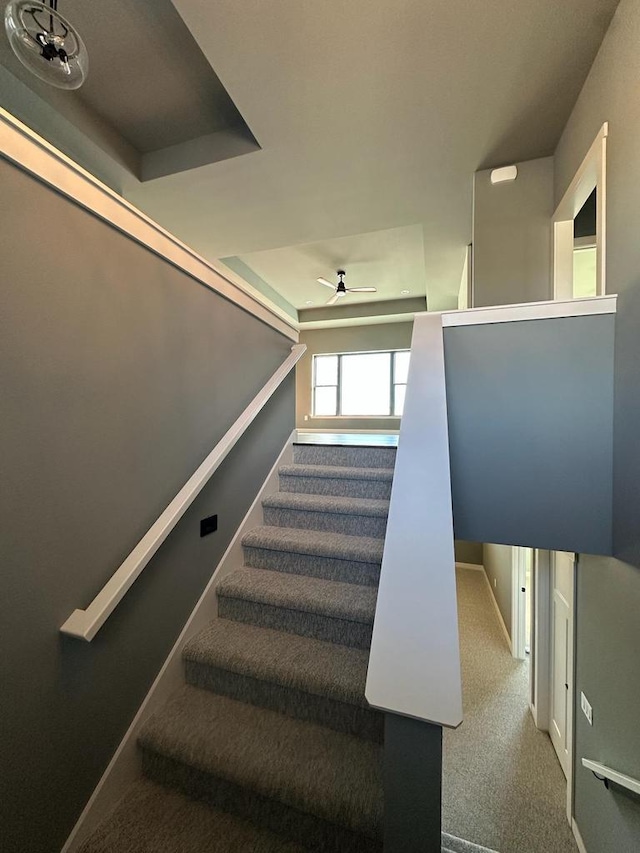 stairway featuring carpet floors and ceiling fan