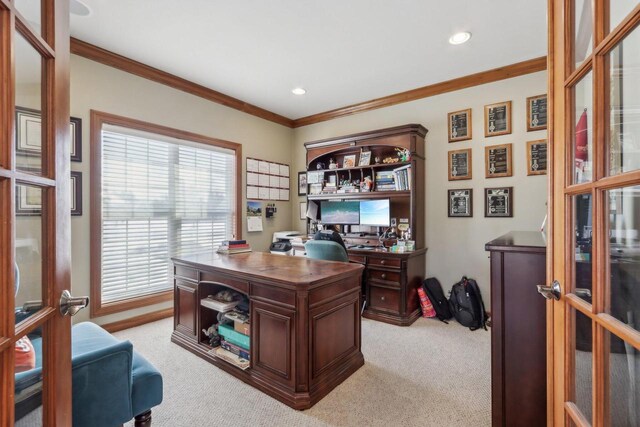 N33W29204 Millridge Rd, Pewaukee, WI 53072 - home office with french doors, light carpet, and crown molding