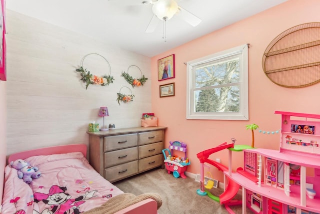 carpeted bedroom with ceiling fan