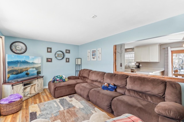 living room featuring ceiling fan, sink, and light hardwood / wood-style floors