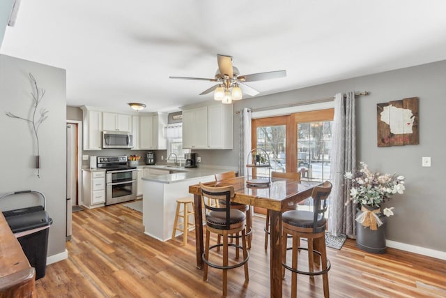 kitchen with sink, white cabinetry, light hardwood / wood-style flooring, kitchen peninsula, and stainless steel appliances