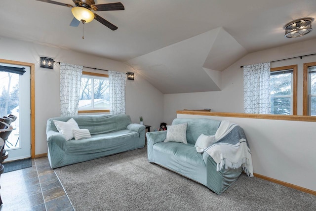 sitting room with lofted ceiling and ceiling fan