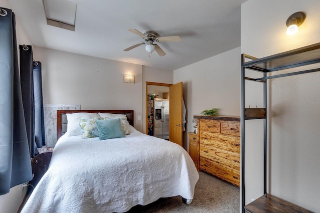 bedroom with carpet, stainless steel fridge with ice dispenser, and ceiling fan