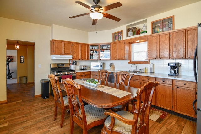 kitchen featuring sink, hardwood / wood-style flooring, ceiling fan, appliances with stainless steel finishes, and decorative backsplash