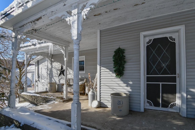 view of snow covered patio