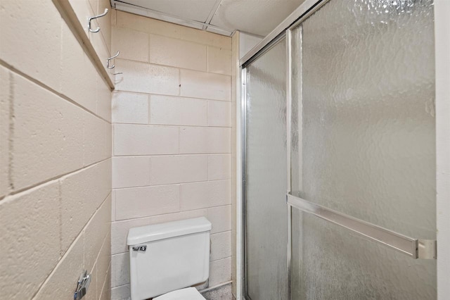 bathroom with a shower with shower door and toilet