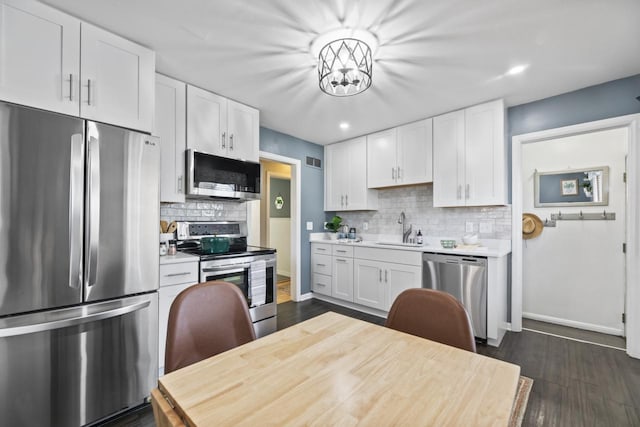 kitchen featuring sink, white cabinetry, stainless steel appliances, tasteful backsplash, and dark hardwood / wood-style flooring