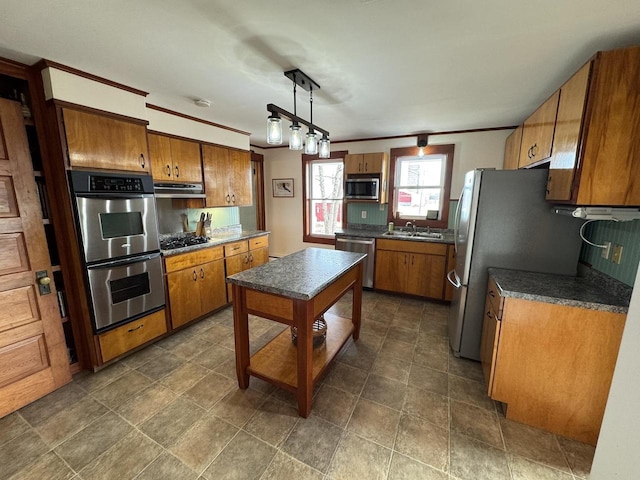 kitchen with pendant lighting, ventilation hood, sink, stainless steel appliances, and crown molding