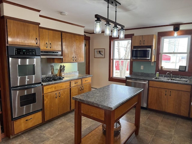 kitchen with pendant lighting, sink, a healthy amount of sunlight, and appliances with stainless steel finishes