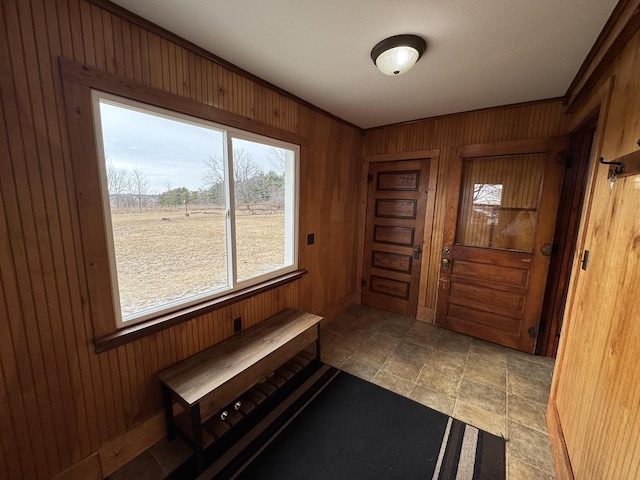 doorway with wooden walls