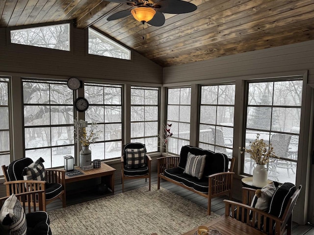 sunroom featuring lofted ceiling with beams, wooden ceiling, and ceiling fan