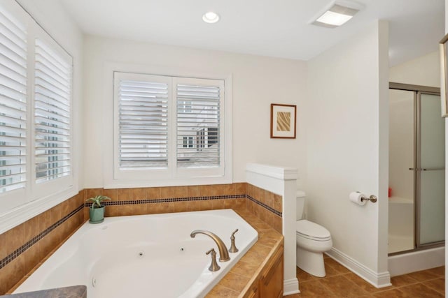 bathroom with toilet, independent shower and bath, and tile patterned flooring