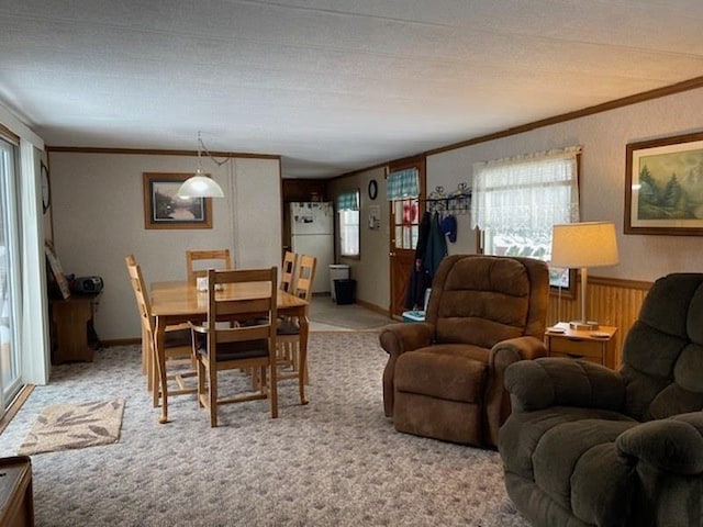 carpeted dining space featuring crown molding and wooden walls