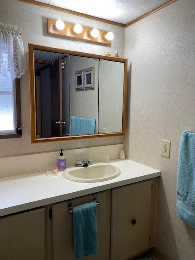 bathroom with vanity, crown molding, and a textured ceiling