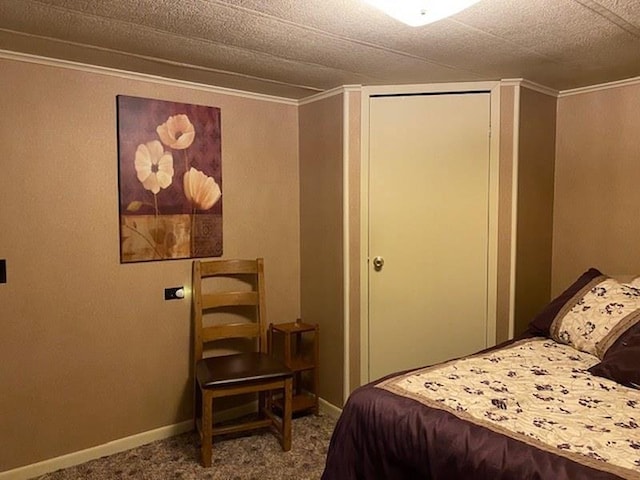 bedroom featuring crown molding, a closet, a textured ceiling, and carpet