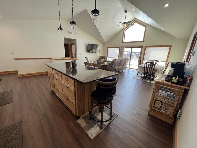 N8551 Lake Cabin Dr, New Lisbon, WI 53950 - kitchen featuring dark wood-type flooring, dark stone counters, a kitchen breakfast bar, and a kitchen island