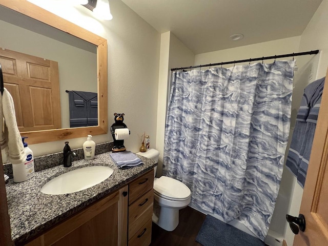 N8551 Lake Cabin Dr, New Lisbon, WI 53950 - bathroom featuring walk in shower, vanity, toilet, and wood-type flooring
