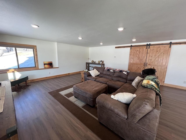 N8551 Lake Cabin Dr, New Lisbon, WI 53950 - living room with dark hardwood / wood-style floors and a barn door